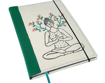 Handmade Yoga Journal Notebook Diary Gift for Yoga Teacher Made from Scratch with Organic Paper Embroidery Needlework Meditation Print