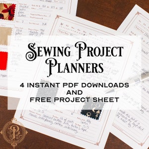 May include: A set of four printable sewing project planners with a free project sheet. The planners are designed to help you plan and organize your sewing projects. The planners are in a white and black color scheme with a decorative border. The text on the planners reads "Sewing Project Planners" and "4 Instant PDF Downloads and Free Project Sheet".