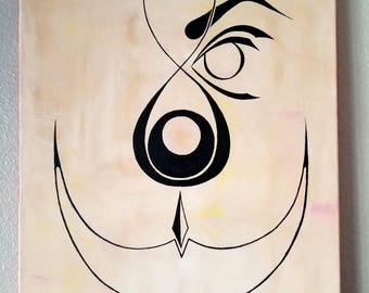 May include: Abstract artwork featuring a stylized face composed of black lines on a beige background. The design includes an eye, a teardrop shape, and a curved line resembling a smile. The canvas has a light, textured appearance.