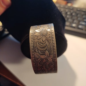 Vintage Pewter Cuff Bracelet, Floral Design