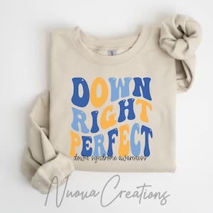 May include: A beige sweatshirt with the text "DOWN RIGHT PERFECT" in blue, yellow, and light blue letters. The text "down syndrome awareness" is written in smaller letters below the main text.