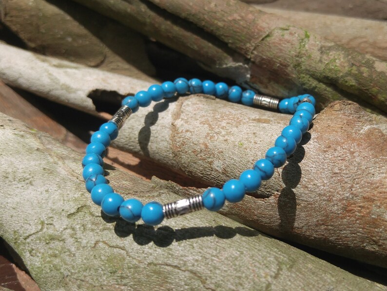 Turquoise Stone and Silver Bead Stretch Bracelet for Women MenTurquoise Stretch BraceletTurquoise BraceletTurquoise and Silver