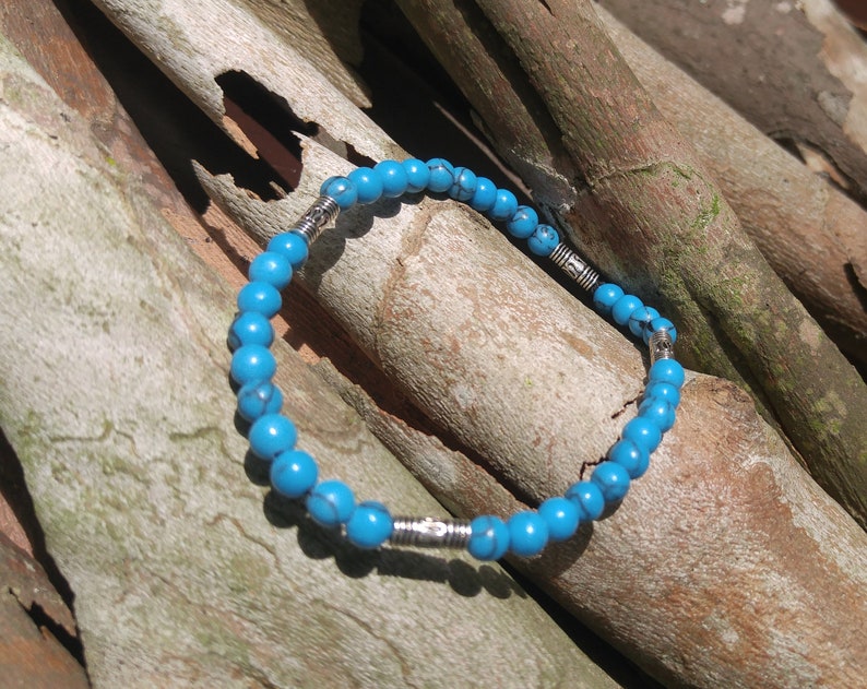 Turquoise Stone and Silver Bead Stretch Bracelet for Women MenTurquoise Stretch BraceletTurquoise BraceletTurquoise and Silver