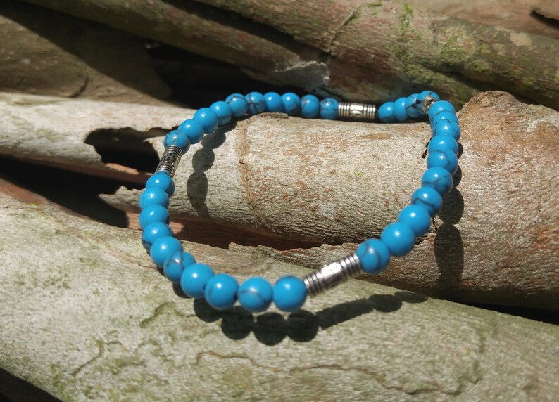 Turquoise Stone and Silver Bead Stretch Bracelet for Women MenTurquoise Stretch BraceletTurquoise BraceletTurquoise and Silver
