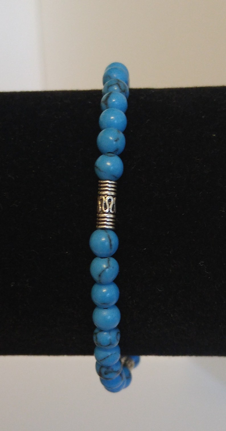 Turquoise Stone and Silver Bead Stretch Bracelet for Women MenTurquoise Stretch BraceletTurquoise BraceletTurquoise and Silver