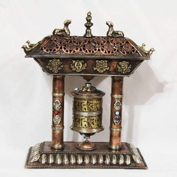 Tibetan Buddhist Handcrafted Spinning Prayer Wheel Table Shrine Copper Incense Burner on top ~ PO-107