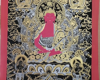 May include: A vibrant Buddhist thangka painting featuring a central pink Buddha figure in a meditative pose, surrounded by gold and silver details on a black background. The artwork includes additional figures and ornate floral patterns, framed by a red border.