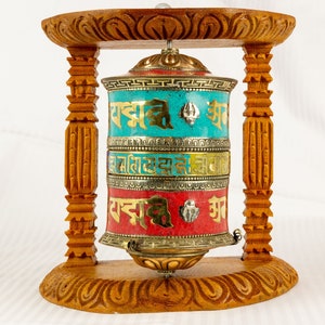 Rueda de oración giratoria artesanal budista tibetana para colgar en la pared ~ Nepal