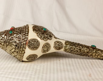 Tibetan Buddhist natural Conch Shell with Tibetan Silver (tin alloy) and Stone Inlay ~ Made in Nepal