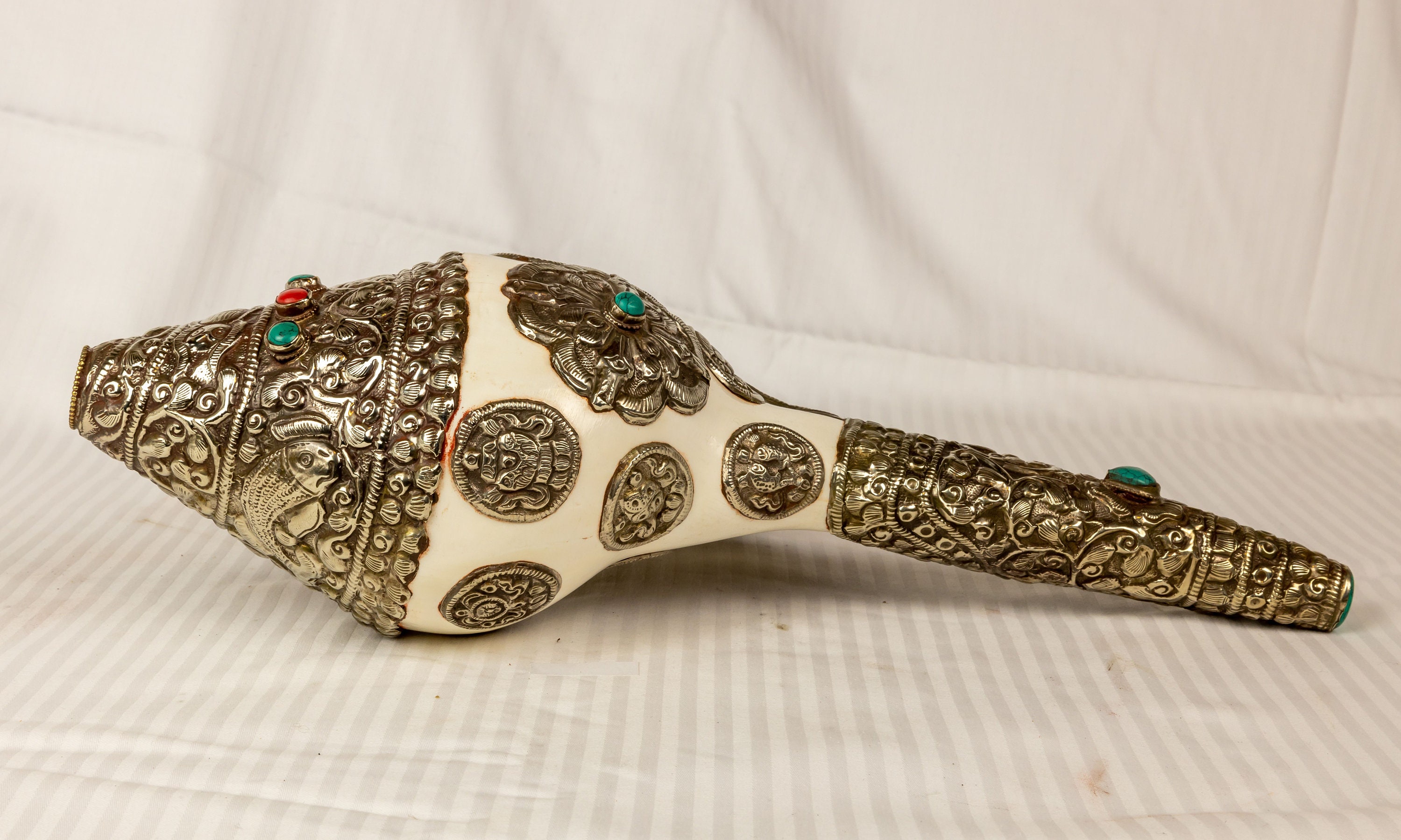 Tibetan Buddhist natural Conch Shell with Tibetan Silver (tin alloy) and Stone Inlay ~ Made in Nepal