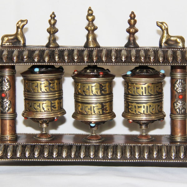 Tibetan Buddhist Handcrafted Spinning Prayer Triple Wheel Table Shrine Design (Copper, brass) - Made in Nepal - PO-137