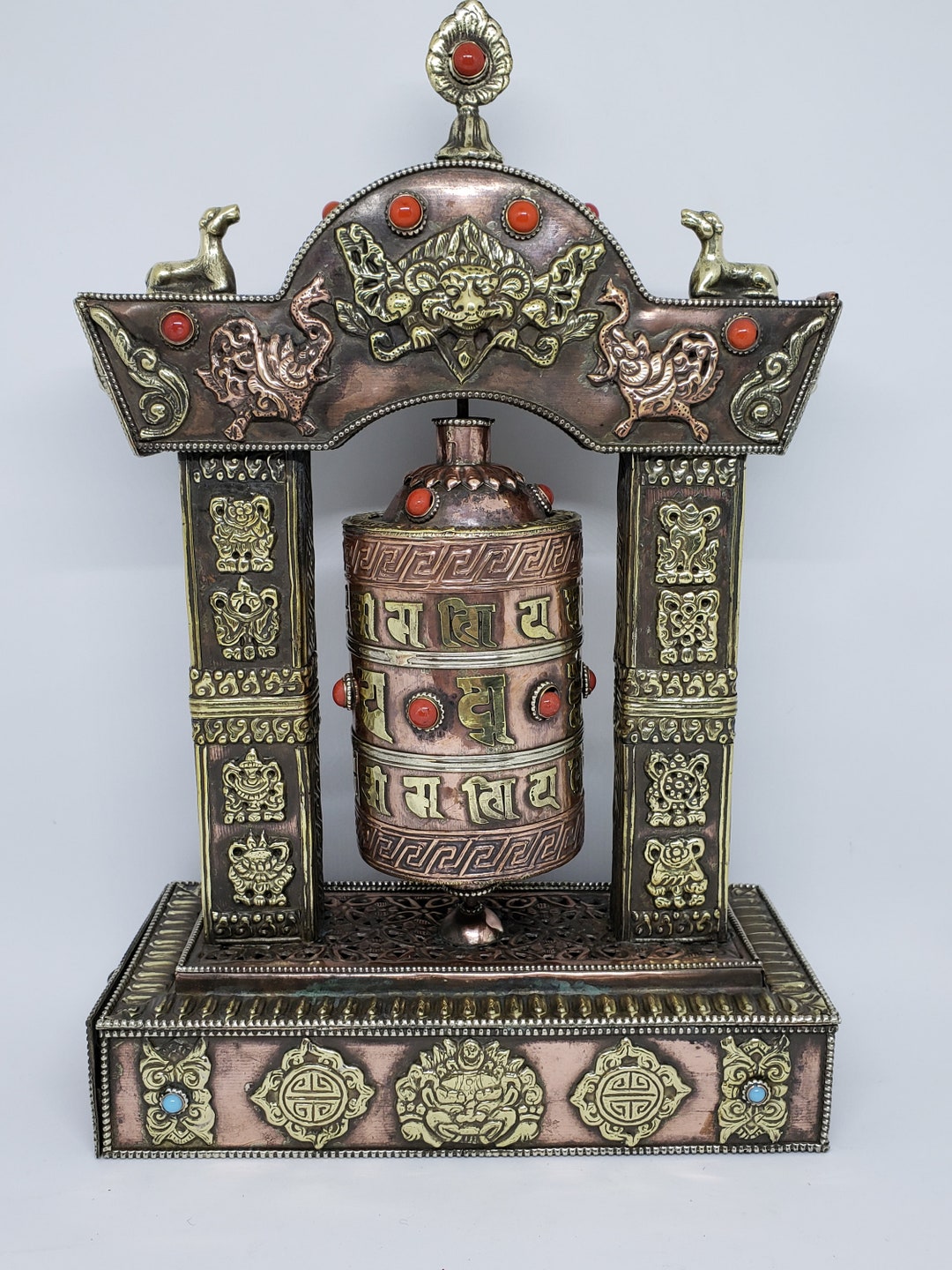 Tibetan Buddhist Handcrafted Spinning Prayer Wheel Table Shrine Copper Incense Burner Bottom PO