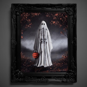 May include: A framed Halloween-themed artwork. The image features a white ghost with a skeleton design, holding an orange jack-o'-lantern bucket. The background is a dark forest with autumn leaves. The frame is black.