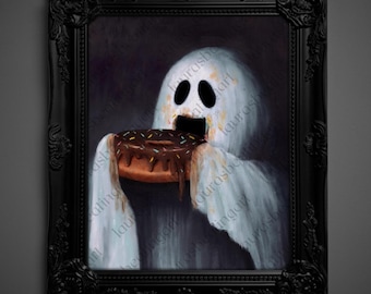 May include: A framed painting of a white ghost with large black eyes and an open mouth, holding a chocolate-frosted donut with colorful sprinkles. The ghost is draped in a white sheet, and the artwork is encased in an ornate black frame.