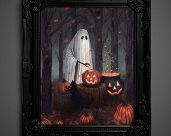 Not AI, Gary the Ghost, Whimsical Wall Decor, Art PrintPRINT - "Enchanted Pumpkins" (1857)