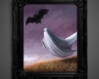 Not AI, Gary the Ghost, Whimsical Wall Decor, Art Print - "Bat Breeze"  (1663)