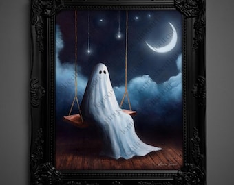 May include: A framed painting depicts a ghost on a swing under a night sky with a crescent moon and stars. The ghost is draped in a white sheet, and the swing is suspended from the sky. The frame is black.
