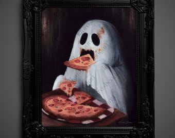 May include: A framed painting depicts a white ghost eating pizza. The ghost has large black eyes and a gaping mouth. A whole pizza and a slice are on a checkered plate. The frame is black and ornate.