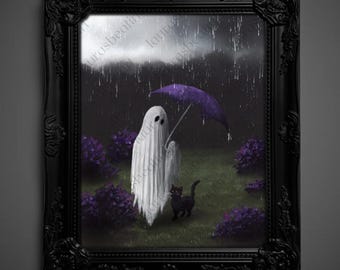 Not AI, Gary the Ghost, Whimsical Wall Decor, Art Print - "Stormy Stroll" (1966)