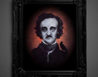 Puede incluir: Retrato enmarcado de un hombre con cabello oscuro y bigote, con un abrigo oscuro y una bufanda. Un pájaro negro está posado en su hombro. El retrato está sobre un fondo rojo y enmarcado en un marco negro ornamentado.