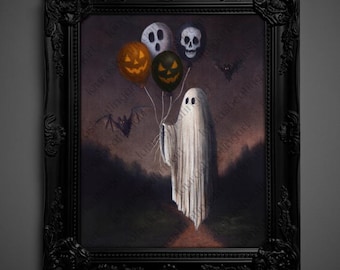 Not AI, Gary the Ghost, Whimsical Wall Decor, Art Print - "Haunted Helium" (1664)
