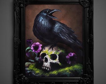 May include: A framed gothic art print featuring a black raven perched atop a skull covered in moss and surrounded by purple flowers. The artwork is set against a brown background and framed in a black ornate frame.