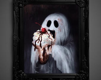 Not AI, Gary the Ghost, Whimsical Wall Decor, Art Print - "OMG Icecream"  (1597)