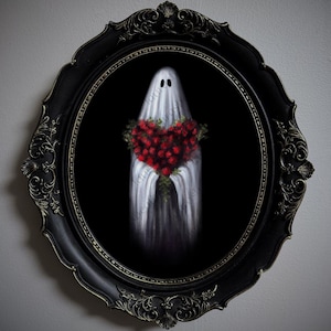 Not AI, Gary the Ghost, Whimsical Wall Decor, Art Print - "Love's Eternal Bloom" (1429)