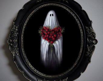 Not AI, Gary the Ghost, Whimsical Wall Decor, Art Print - "Love's Eternal Bloom" (1429)