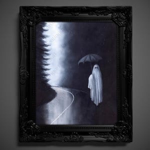 Not AI, Gary the Ghost, Whimsical Wall Decor, Art Print - "Rainy Road"  (1468)