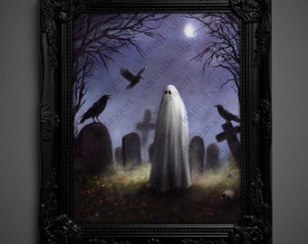 May include: A framed Halloween-themed artwork depicts a ghost in a graveyard under a moonlit sky. The black frame surrounds the painting, which features a white ghost, tombstones, crows, and bare trees. The artwork evokes a spooky atmosphere.