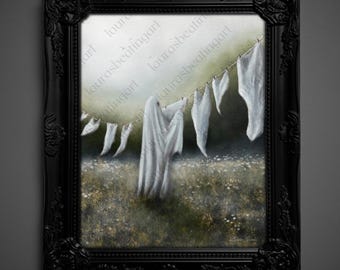 May include: A framed artwork depicts white sheets hanging on a clothesline in a field of wildflowers. The painting has a soft, ethereal quality, with a muted color palette and a dark, ornate black frame.