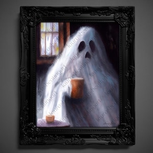 Não é IA, Gary o Fantasma, Decoração de Parede Caprichosa, Impressão de Arte - "Café de Luto" (1312)