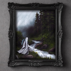 May include: A framed painting depicts a ghost with a backpack walking along a stream in a forest. The artwork is set in a black ornate frame. The forest is lush green with tall trees and a flowing stream. The ghost is draped in a white sheet.