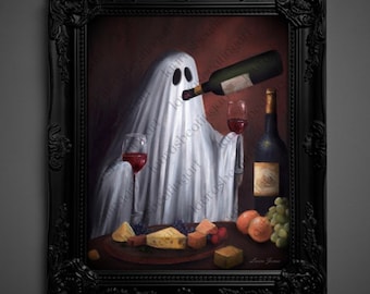 Puede incluir: Pintura enmarcada que representa un fantasma sirviendo vino en una copa, con una segunda copa y una botella de vino. Un plato de queso y fruta está en primer plano. La obra está enmarcada en negro.