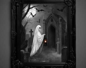 Not AI, Gary the Ghost, Whimsical Wall Decor, Art Print - "Grave Watchers" (1854)