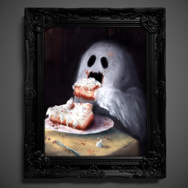 Not AI, Gary the Ghost, Whimsical Wall Decor, Art PrintPRINT - "OMG Cake"  (1318)