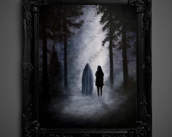 May include: A framed, dark, gothic-style painting depicts a figure in a forest, facing a shrouded form. The artwork is in shades of gray and black, with tall trees and a misty atmosphere. The ornate black frame adds to the mysterious aesthetic.