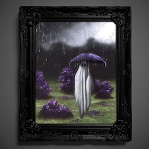 Op de afbeelding: Een ingelijst schilderij met een witte geestfiguur die een paarse paraplu vasthoudt in een regenbui. De scène toont donkergroen gras en clusters paarse bloemen onder een sombere lucht, gevat in een sierlijke, decoratieve zwarte lijst.