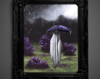 Not AI, Gary the Ghost, Whimsical Wall Decor, Art Print - "Rainy Day" (1958)