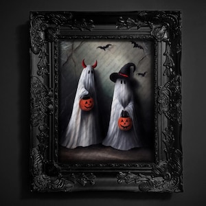May include: Two white ghosts dressed in sheets are trick-or-treating. One ghost is wearing a witch's hat and the other has devil horns. Both are holding orange jack-o'-lantern buckets.