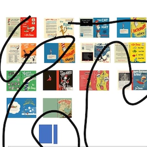 May include: A collection of 15 Dr. Seuss book covers featuring various titles, including "The Foot Book", "The Cat in the Hat", "Happy Birthday to You!" and "The 500 Hats".