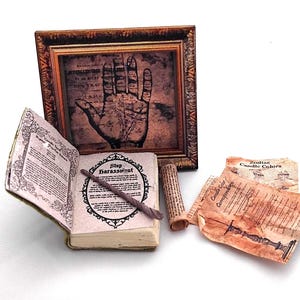 Magic, Handcrafted Witchcraft, Halloween Set, Miniatures 12th Scale Spell Book, Ephemera Spells, Wand, Halloween Dollhouse Accessories