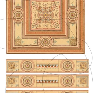 May include: A vintage illustration of a ceiling design with a central square surrounded by a decorative border. The design features a repeating pattern of circles, squares, and floral motifs in shades of beige, brown, and gold.
