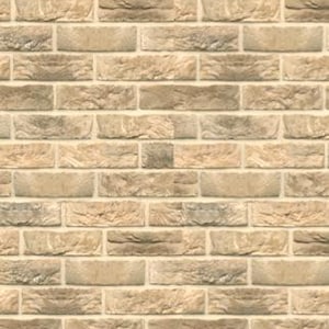 Könnte beinhalten: Eine Backsteinmauer in hellbraunen und beigefarbenen Tönen. Die Steine sind versetzt angeordnet und erzeugen ein klassisches Backsteinmauer-Design.
