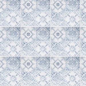 May include: A repeating pattern of square tiles with a blue and white floral design. The tiles are arranged in rows and columns, creating a cohesive and decorative surface. The design features geometric shapes and floral motifs.