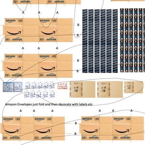 May include: Diagram of Amazon packaging, including boxes and envelopes. The image shows how to fold and decorate the envelopes with labels. The Amazon logo and barcode are visible on the boxes.