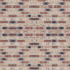 Könnte beinhalten: Eine Ziegelwand mit einem versetzten Muster aus roten, braunen und cremefarbenen Ziegeln. Die Ziegel haben eine raue Textur und sind in einem horizontalen Muster angeordnet.