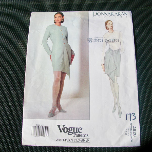 2828 Vogue New York Donna Karen  Dress Partial Drape Front Skirt Jacket size 8-10-12 Rare   (Cut but complete with instructions)