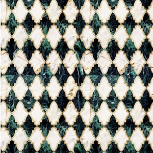 May include: A repeating pattern of white and dark green marble tiles with gold trim. The tiles are arranged in a diamond pattern.